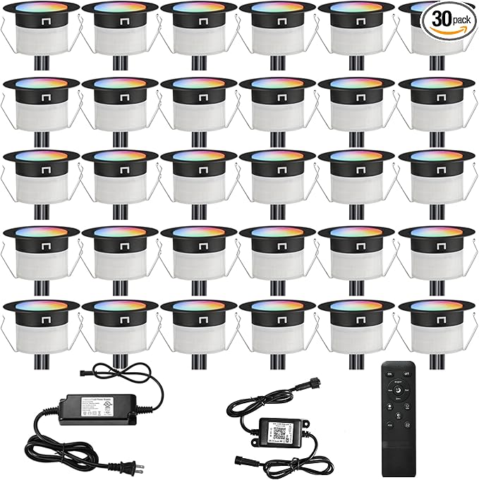 LED Deck Lights Kit, 30pcs Φ1.22 WiFi Smart Phone Control Low Voltage Recessed RGBW Deck Lighting Waterproof Outdoor Yard Path Stair Decor, Black
