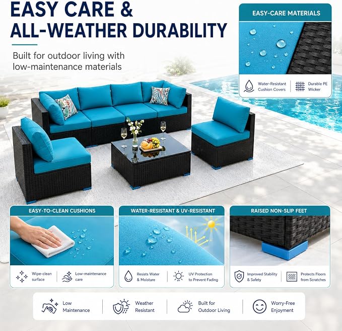 7 Piece Outdoor Sectional Outdoor Patio Furniture Set, Outdoor Patio Furniture Set with Coffee Table, Sectional Couch Sofa with Cushions, Wicker Outdoor Conversation Set for Backyard & Garden, Blue