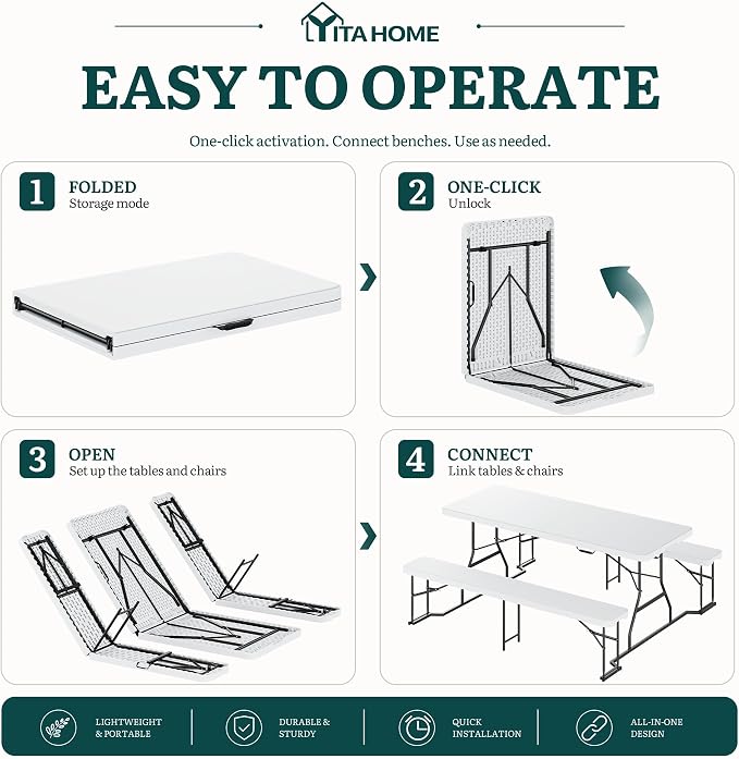 YITAHOME 6ft Folding Picnic Table with Benches, Heavy Duty 6 ft Picnic Tables for Outdoors, Portable Outdoor Table with Center Lock & Non-Slip Feet for Backyard, Camping, Beach, White