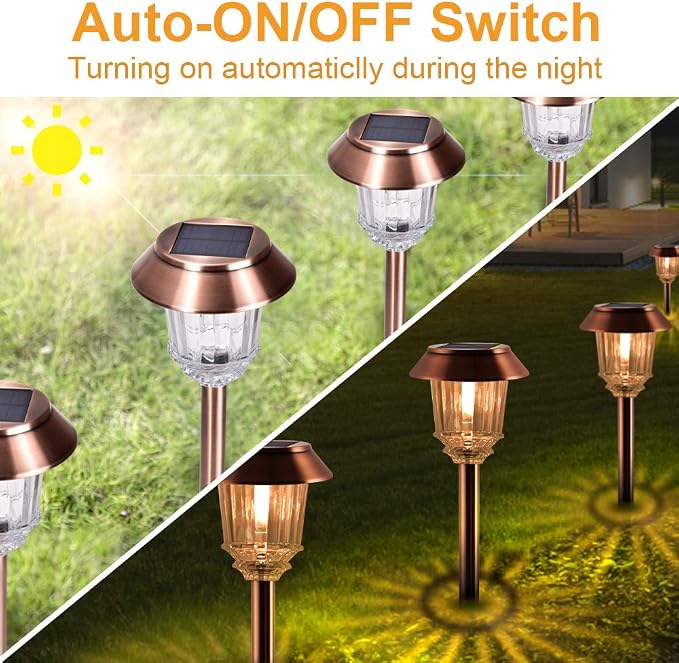 XMCOSY+ Solar Lights Outdoor Waterproof, 4 Pack Solar Pathway Garden Lights | 10-40LM Dimmable Warm White, All-metal Auto On/Off Solar Light, Waterproof Solar Powered Light for Driveway Walkway Sidewalk