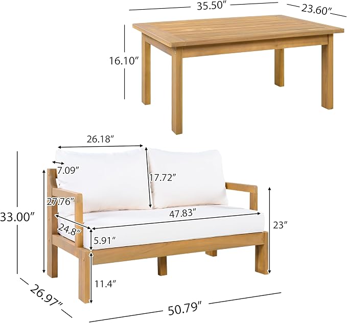 Christopher Knight Home Bayah Acacia Wood Outdoor Loveseat and Coffee Table Set, 2 Piece Patio Furniture Set with Water-Repellent Cushion, Solid Wood Outdoor Conversation Set, Beige+Natural