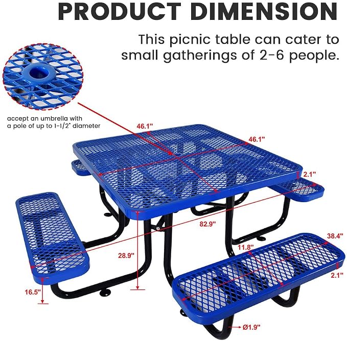 46" Square Metal Picnic Table for 4-8 Person, Durable Heavy Duty Commercial Picnic Table with Umbrella Hole for Outdoor Coffee Shop, School, Hospital, Easy to Install, Blue