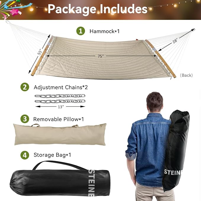 Double Hammock, 11 FT Quilted Fabric 2 Person Hammock for Outside with Pillow, Folding Curved Spreader Bar, Chains, Carrying Bag, Indoor Outdoor, 450 IB Capacity, BlanchedAlmond