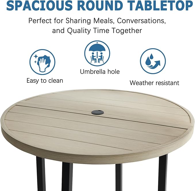 42" Round Patio Dining Table for 4, All-Weather Metal Patio Table with Umbrella Hole, Outdoor Round Dining Table for Lawn Garden Porch, Honey Oak,