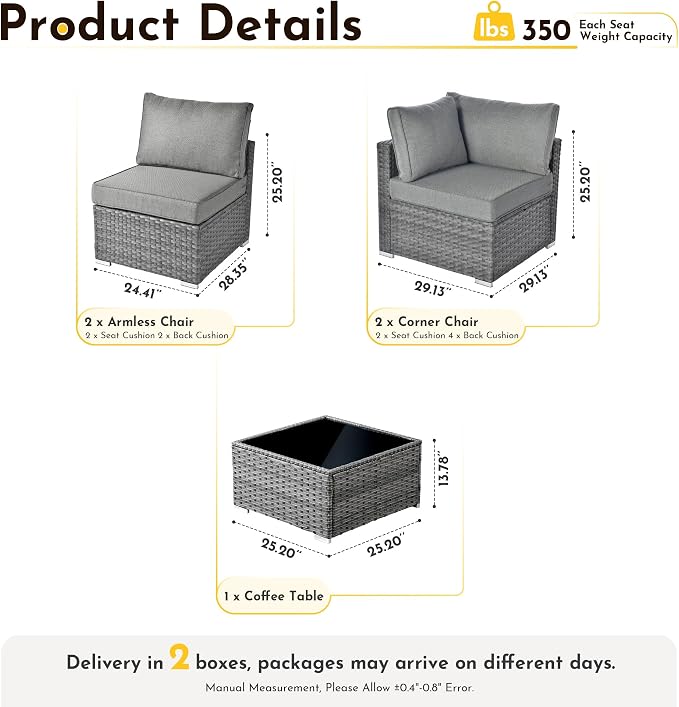 Weaxty 5 Pieces Wicker Patio Furniture Sets, Outdoor Sectional Sofas with Coffee Table, Thicken Cushion All Weather Rattan Patio Conversation Couch Set for Porch Balcony Yard Poolside, Dark Grey