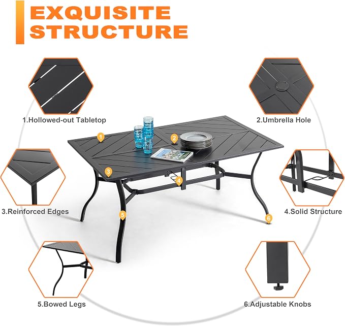 NUU GARDEN 7 Piece Patio Dining Set, 6 Padded Textilene Chairs and 61" Rectangular Dining Table with 1.77" Umbrella Hole, Outdoor All Weather Furniture Set for Garden, Patio, Brown and Black