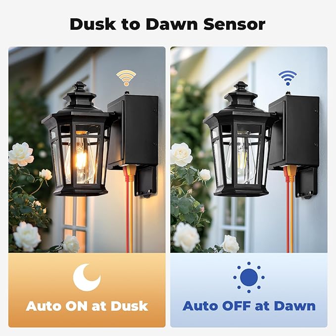 Gleamz Black Dusk to Dawn Outdoor Lighting with GFCI Outlet, Exterior Light Fixtures with Outlet, 9in H Lantern Wall Mount Aluminum Waterproof Anti-rust, Outside Lights for House, Proch, Patio, Garage