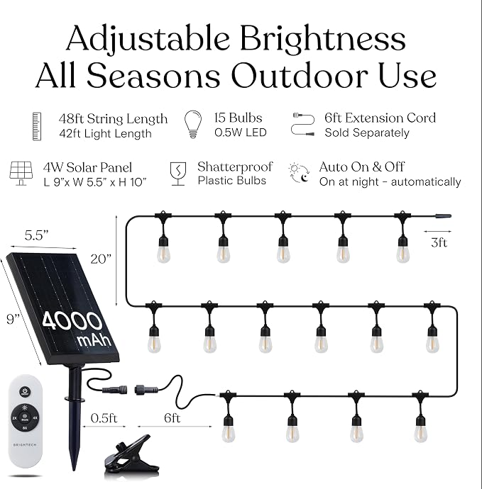 Brightech Ambience Pro Super Bright Solar - 48 Ft Remote Control Outdoor String Lights with Shatterproof Commercial Grade LED S14 Edison Bulbs, Waterproof Patio Light for Deck, 4W Soft White, 15 Bulbs