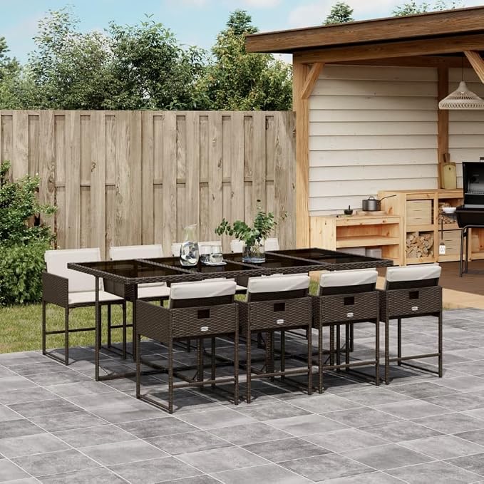 9 pcs Set Patio Dining Set & Balcony Furniture Brown PE Rattan Outdoor Dining Set Garden Dining Set for Lawn Backyard Front Porch 86.6 x 41.7 x 28.7 in