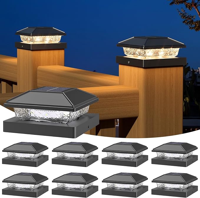 Solar Post Cap Lights,4x4 Post Solar Lights,Warm White,8 Pack Black | Fence Post Solar Lights for 4x4 Post Caps Wood Vinyl, IP64 Waterproof Solar Post Lights Outdoor, Solar Deck Post Lights