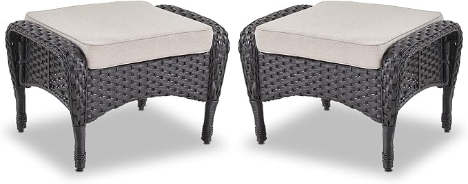 Belord Outdoor Ottomans for Patio Foot Rest - 25 Inch PE Wicker Foot Stool Set of 2 with Removable Cushions for Patio Furniture Sets,All Weather Rattan Ottoman for Balcony Backyard Black/Beige