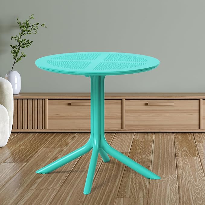 Costaelm Small Patio Table, Outdoor Round Dining Table, Weather Resistant Outside Table for Poolside Deck Lawn Garden Backyard, Turquoise
