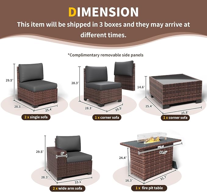 Patio Furniture with Fire Pit Table,8‘’ Wide armrest Outdoor Sectional Rattan Sofa Set, Wicker Patio Furniture Sets w/Coffee Table,Thick Cushions and Cover for Porch, Balcony,7PC (Brown&Grey)