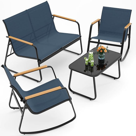 Ahomly 4-Piece Patio Furniture Set, Textilene Outdoor Conversation Set with 2 Rocking Chairs and Tempered Glass Coffee Table, for Lawn, Garden, Balcony, Poolside (Blue)