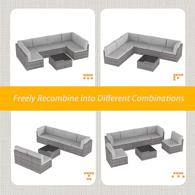 AECOJOY 7 Piece Outdoor Patio Furniture Set, Outdoor Sectional Conversation Furniture Chair with Coffee Table,Patio Sectional for Garden,Backyard(Grey Cushions and Grey PE Rattan, with Cover)