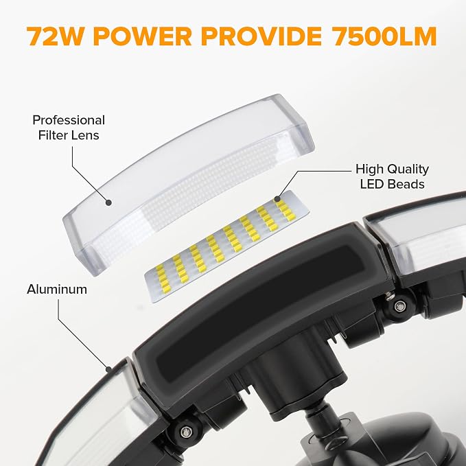 LUTEC 72W 7500LM LED Security Lights Motion Sensor Light Outdoor, 5000K Daylight, IP65 Waterproof, Dusk to Dawn, 3-Head Motion Detected Flood Light for Garage, Yard, Porch(Black)