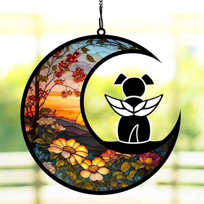 BamLue Dog Ornament Suncatcher Memorial Gifts for Dog Lovers, A Black Dog with Wings on Window Hangings Suncatcher, Loss of Dog Sympathy Gift, Remembrance Gifts in Memory