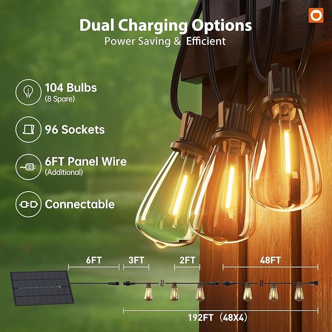 addlon 198FT Solar String Lights Outdoor, with 104 Dimmable LED Bulbs | Ideal for Large Backyard, Garden, Wedding, Party, Camping, Spaced 2FT, IP65 Waterproof, Remote, Easy Install, Last 20+ Hrs
