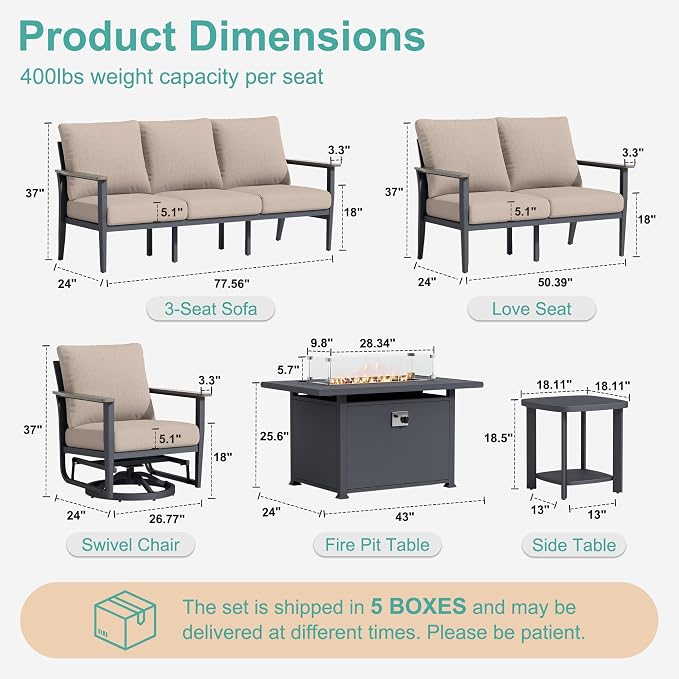 Aluminum Outdoor Patio Furniture Set with Swivel Rocking Chairs 7-Seat, Patio Sectional Sofa Patio Conversation Set with 55,000 BTU Fire Pit Table High Backrest & Thickened Cushions, Sand