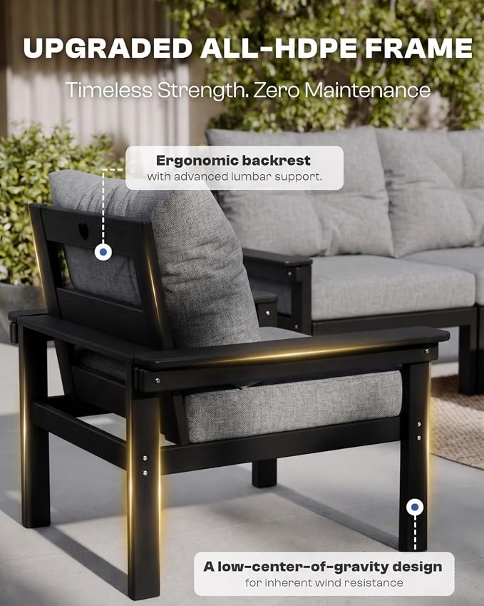 HDPE Patio Sofa Set, 4-Piece Sectional Outdoor Patio Furniture Set, All Weather Outdoor Couch Set with Coffee Table & Grey Washable Thick Cushions for Balcony, Porch (Black Frame)