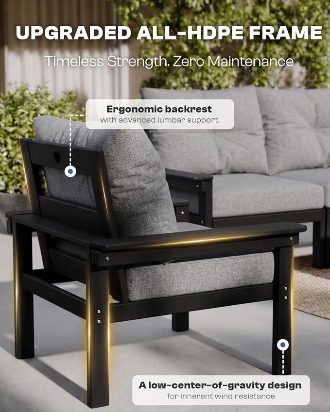 HDPE Outdoor Patio Furniture Set, 10-Piece Patio Conversation Sets with Coffee Table & Grey Washable Thick Cushions, Outdoor Sofa for Garden, Balcony, Porch, Yard, Lawn (Black Frame)