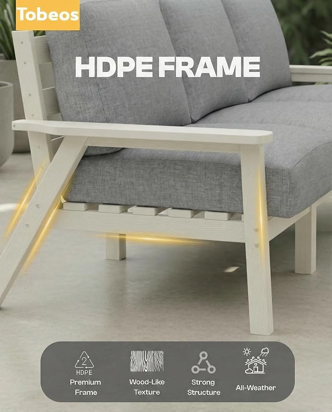 2 Piece HDPE Outdoor Furniture Set with Gray Cushions (White Frame) | All-Weather HDPE, Modular Design, Extra-Deep Seating, Thick Cushions, Ideal for Backyard, Deck & Porch