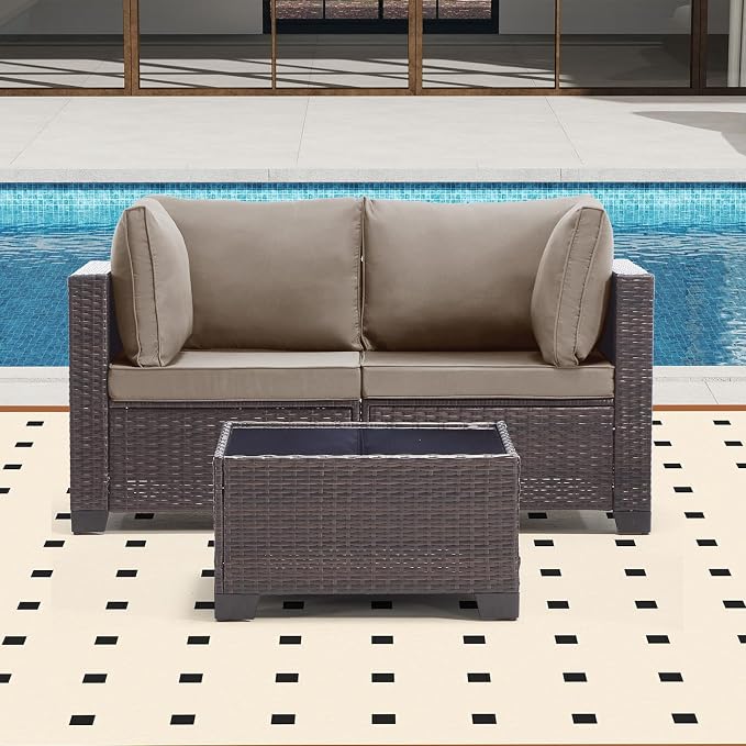 Bonzy Home 3 Pieces Outdoor Patio Furniture Set, PE Rattan Outdoor Sectional Furniture Sofa Set with Removable Cover and Glass Coffee Table, Patio Sofa for Balcony, Porch, Garden, (Brown-Khaki)