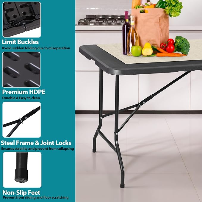 JupiterForce 6ft Plastic Folding Table, Indoor Outdoor Portable Heavy Duty Foldable Camping Table, Fold-in-Half Utility Table Dining Picnic Table for Party Wedding Event, Black