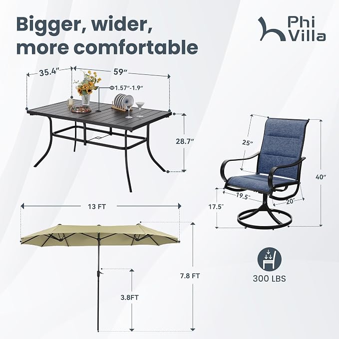 PHI VILLA 8 Piece Patio Dining Set with 13ft Patio Umbrella (Beige), 6 Outdoor Padded Swivel Dining Chairs & 1 Large Metal Dining Table for Lawn Garden Backyard (No Umbrella Base)