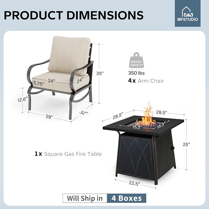 MFSTUDIO 5 Pieces Patio Conversation Sets, Outdoor Metal Furniture Sofas with 1 x 28 50,000 BTU Square Propane Fire Table and 4 x Wrought Iron Frame Sofa Chairs with Beige Cushion