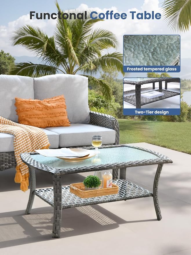 2-Piece Outdoor Patio Furniture Set with Coffee Table, Outdoor Conversation Wicker Sofa with Thickened Cushions, Rattan Couch for Deck Yard Poolside, Grey