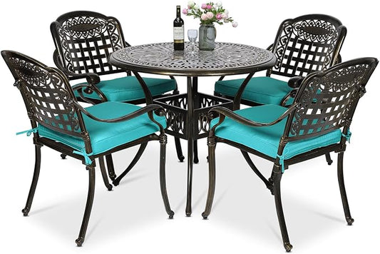 VIVIJASON 5-Piece Patio Furniture Dining Set, All-Weather Cast Aluminum Outdoor Conversation Set, Include 4 Cushioned Chairs and a 35.4" Round Table w/Umbrella Hole, Ocean Blue Cushion