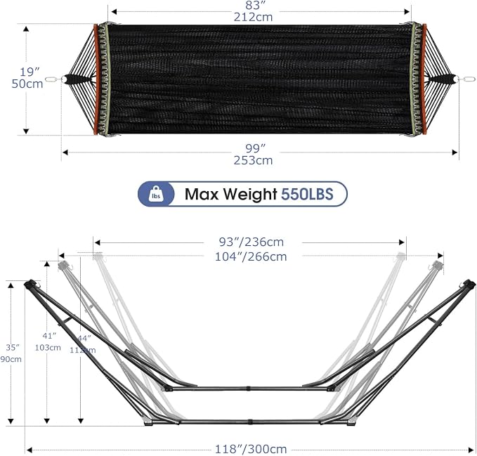 Goutime Collapsible Hammock Stand with Carry Bag, 550lbs, Portable,Black | 3 level adjustable up to 10ft, double layer hammock net, fits indoor, yard, camping, and outdoor use