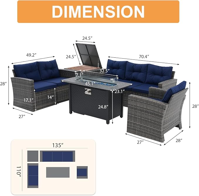 Super Patio 8 Pieces Outdoor Patio Furniture Set with 45” Fire Pit Table, Rattan Patio Conversation Sets with 50000 BTU Gas Fire Pit, Sectional Sofa Set with Storage Box, Navy Blue (Without Table)