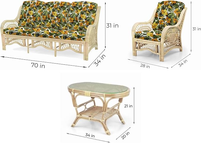 Malibu Lounge Set of 4: 2 Natural Rattan Wicker Chairs, Three-Seater Sofa with Cushions and Coffee Table with Glass Handmade, Natural Color
