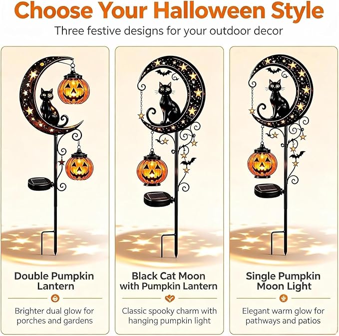 Solar Halloween Black Cat Garden Stake Light – Metal Crescent Moon & Pumpkin Lantern Yard Decor, Auto On/Off Waterproof LED Landscape Lighting for Patio Lawn Pathway (B)