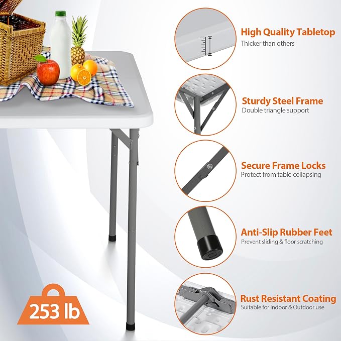 34" Square Folding Table, Heavy Duty Portable Plastic Card Table for Picnic Party Camping Dining Indoor Outdoor, Lightweight, White
