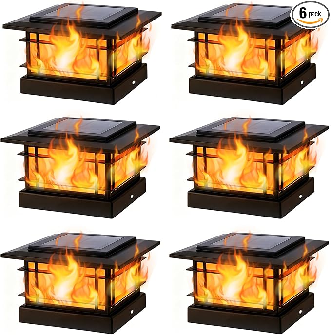 Dynaming 4x4 Solar Post Cap Lights Outdoor with Flickering Flame Light, 6 Pack Black Shell Fence Post Solar Lights Fit 4x4 Vinyl/Wooden Posts, Brightness LED Lighting Decor for Garden Deck Patio