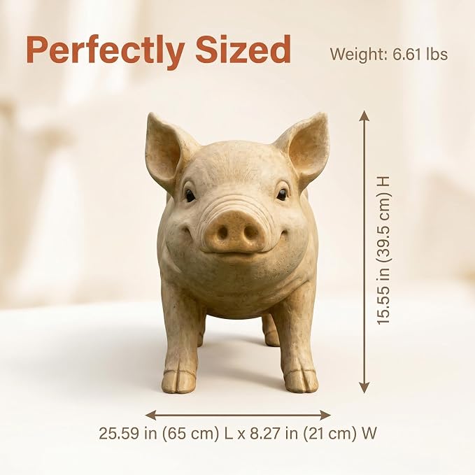 25.6" Cute Pig Resin Garden Statue | Farmhouse Animal Yard Decor, Lifelike Farmhouse Pig Sculpture, For Yard or Patio
