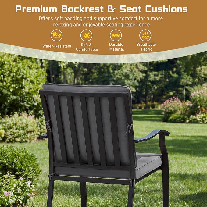 5 Piece Outdoor Patio Dining Set, 36’’ Round Dining Table with Umbrella Hole & 4pcs Metal Dining Chairs, Outdoor Furniture Dining Set for Patio, Balcony, Lawn, Garden, Backyard