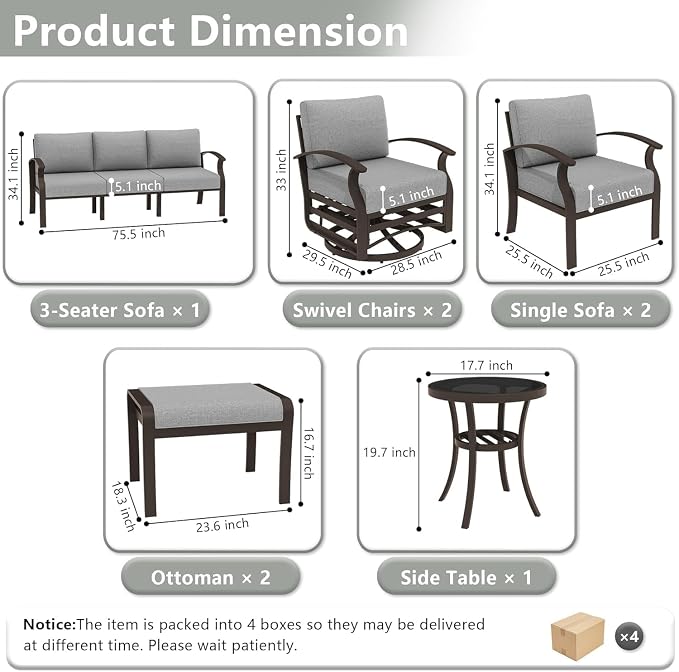 Patio Furniture Set 9-Seat Aluminum Armrest Sofa, Aluminum Outdoor Furniture with 2 Swivel Chairs, 5" Cushions, Outdoor Sectional with High Backrest & 2 Footstools for Backyard, Poolside - Grey