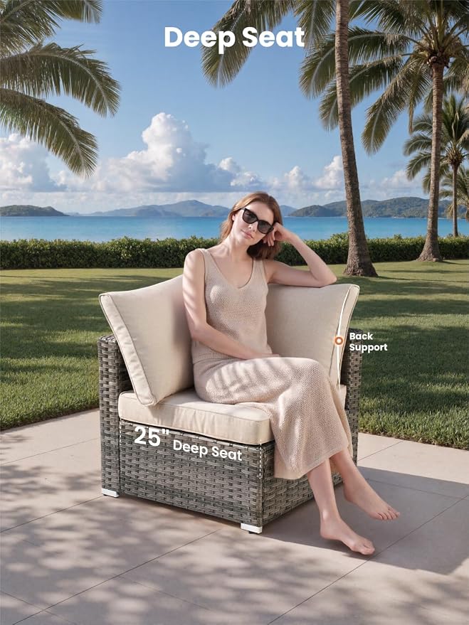 ovios Outdoor 10 Piece Coversation Set with Swivel Rocking Chair,Sectional Patio Furniture Set with All-Weather Wicker Sofa,Modern Outside Couch for Balcony Backyard Pool, Beige
