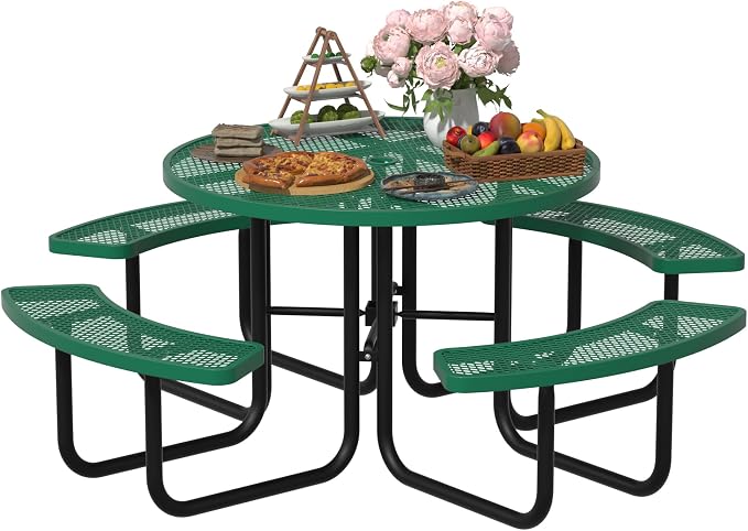 All-Weather Round Outdoor Picnic Table, Commercial Picnic Table Bench Set with Umbrella Hole, Thermoplastic Coated Metal Dining Tables for School, Stores, Park, Patio, Yard, Green
