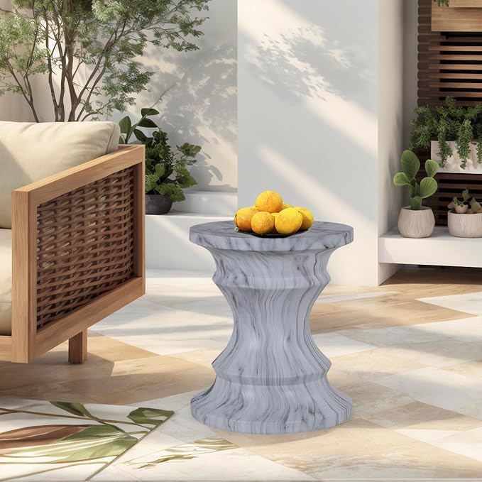 Faux Terrazzo Cement Tree Stump Stool Table, Modern Outdoor Accent Table for Patio & Garden, Round Side Table Indoor and Outdoor, Marble