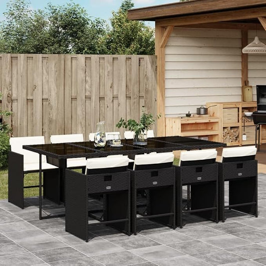 9-Piece Patio Dining Set with Cushions Black PE Rattan Outdoor Furniture Set for Backyard Balcony Porch