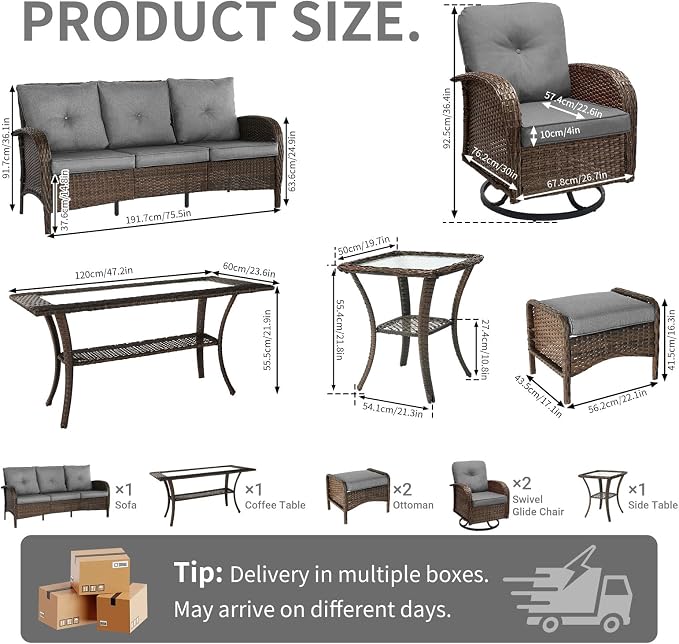 All Weather Patio Furniture Set, High Back Swivel Rocker Glider Chairs，Ottomans & Glass Tables, Outdoor Conversation Set for Deck Porch Yard Poolside (Grey, 7PCS-Sofa&Swivel Chairs&Ottomans&Tables)