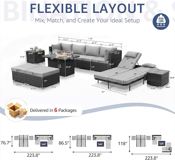 NICESOUL 11 Piece Sectional Outdoor Set with Firepit Loungers, Modern Large Backyard Seating with Fireplace, 29.3'' High-Back Patio Couch Sofa, All-Weather Wicker Furniture Sets for Deck, Light Grey