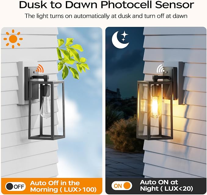 Dusk to Dawn Outdoor Light Fixtures Wall Mount, Sensor Porch Lights, Anti-Rust Exterior Wall Sconce Lighting Lamp, Waterproof Wall Lantern for Doorway, Garage, 2-Pack