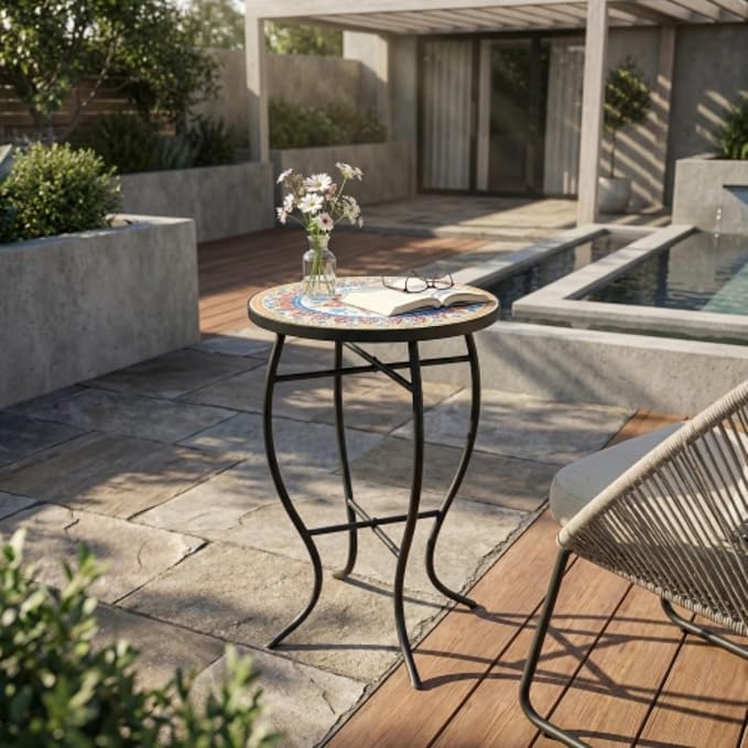 Mosaic Side Table and Plant Stand, 21" Round End Table with 14" Ceramic Tile Top, Indoor & Outdoor Accent Table, Porch Patio Furniture, Entryway & Coffee Table for Home & Garden, (Grey-2)