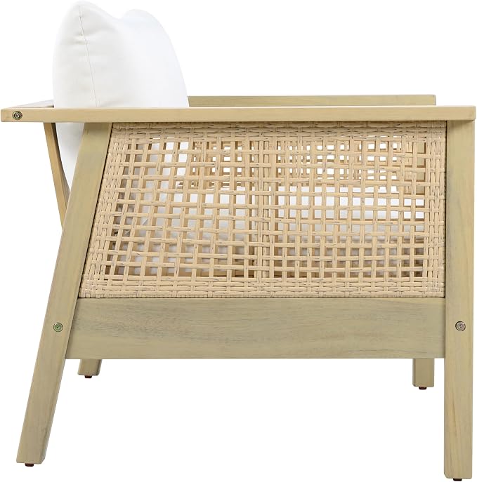 Merax Outdoor Acacia Wood Chair Set of 2 PE Wicker Club Chair Dining Chair with Waterproof Detachable Cushion, Light Teak Finish & Cream Cushion